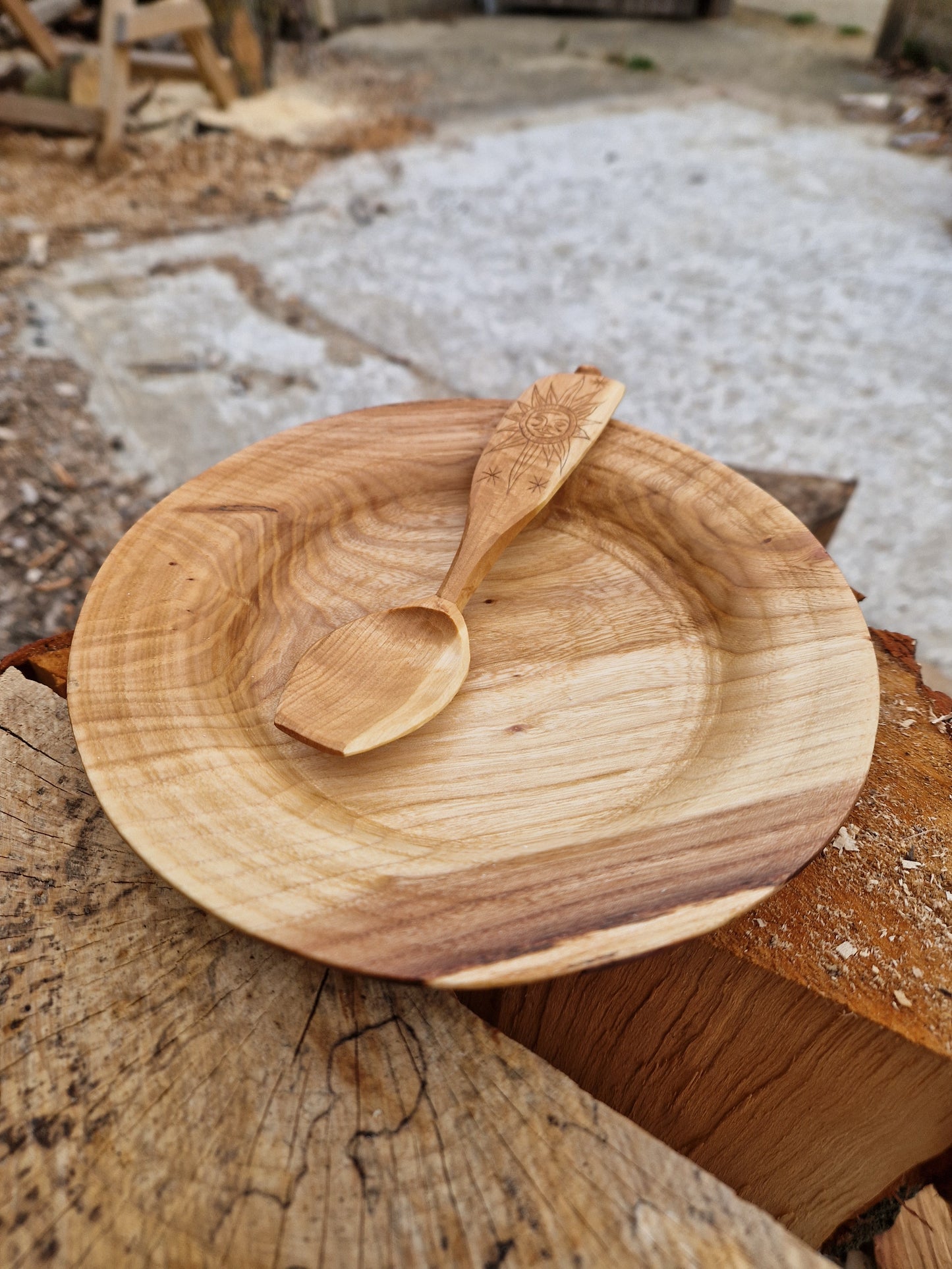 Elm dish and cherry spoon