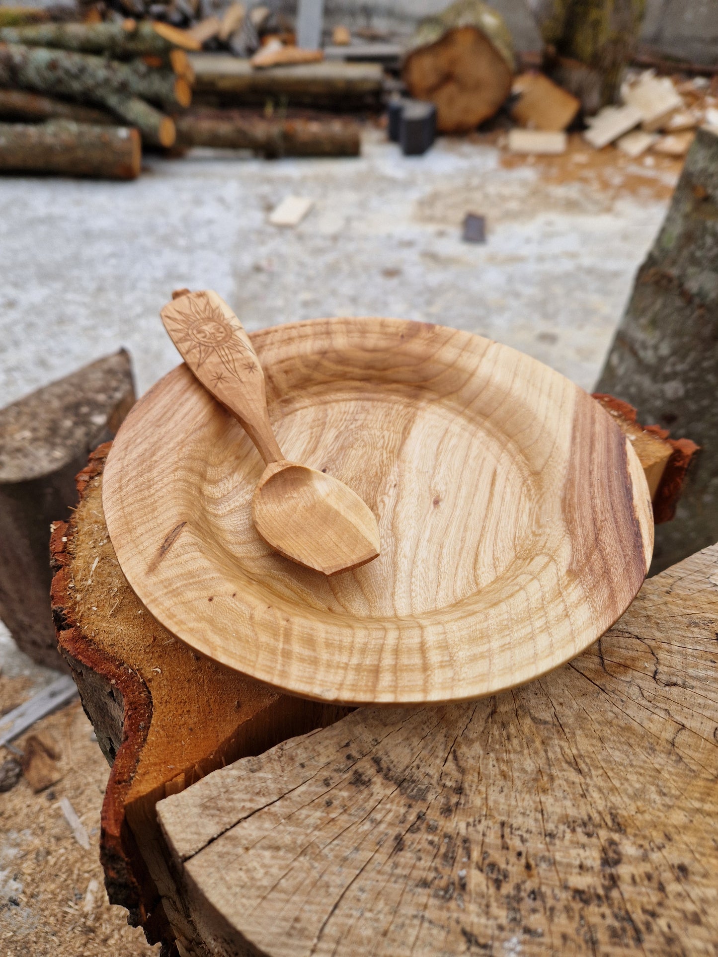 Elm dish and cherry spoon